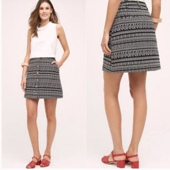 Anthropologie Maeve Fieldnotes Button Front Skirt Black White Sz 12 - Picture 1 of 6